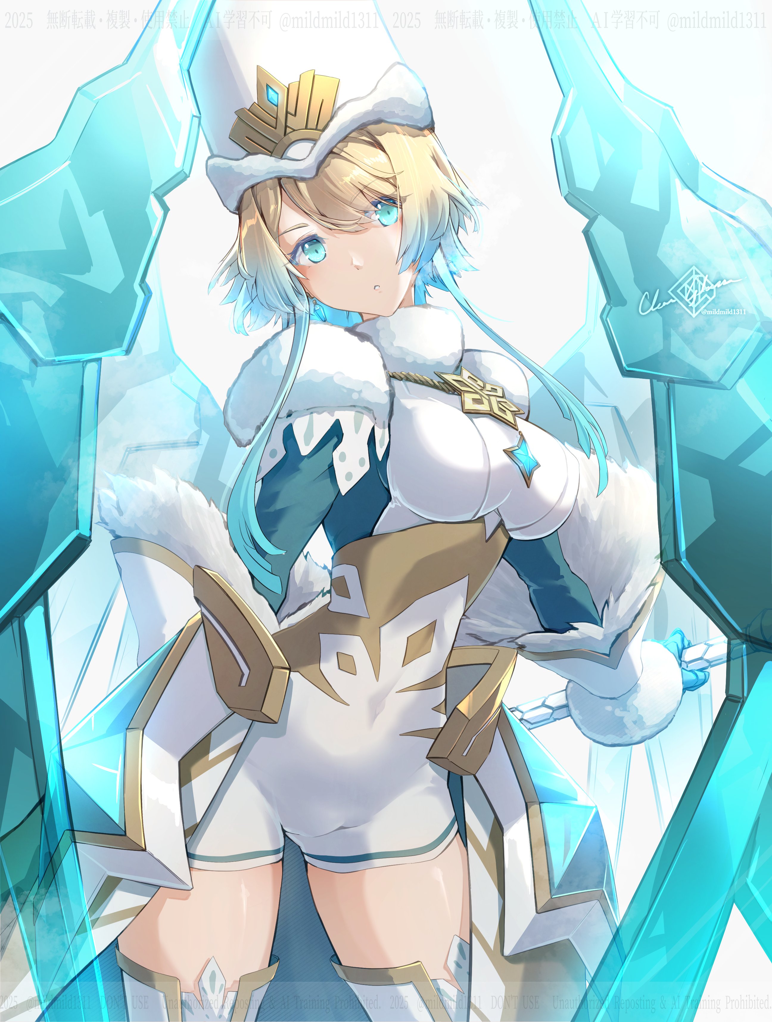 clear glass (mildmild1311), fjorm (fire emblem), fire emblem, fire emblem heroes, nintendo, absurdres, commentary request, highres, 1girl, blonde hair, blue eyes, blue hair, breasts, gradient hair, hat, holding, holding polearm, holding weapon, ice, jewelry, medium breasts, multicolored hair, necklace, polearm, solo, spear, thighhighs, thighs, watermark, weapon, white hat, white thighhighs