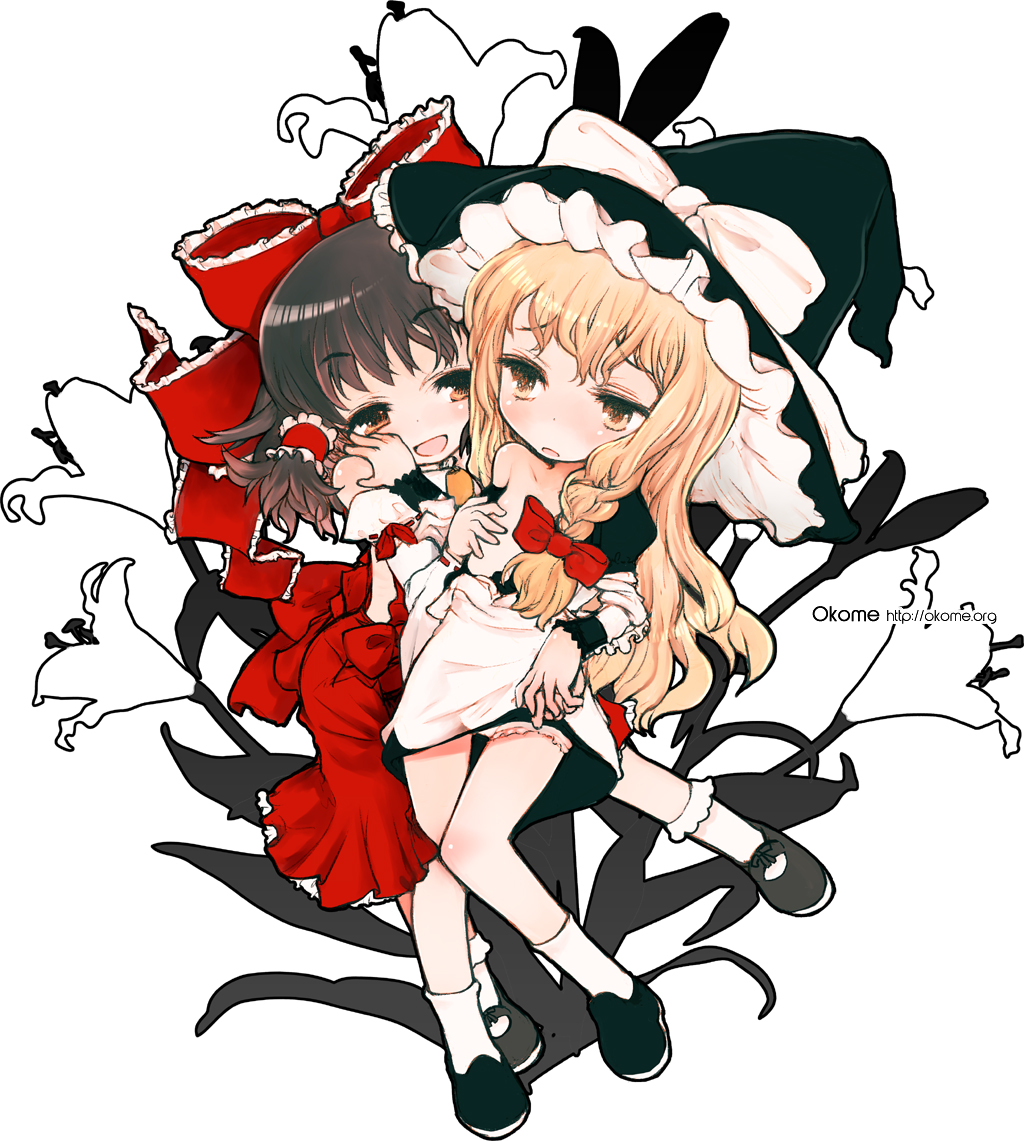okome (ricecandy), ricecandy, hakurei reimu, kirisame marisa, touhou, bad id, bad pixiv id, 2girls, blonde hair, breasts, brown hair, detached sleeves, female focus, flat chest, flat chest grab, grabbing another's breast, groping, hat, japanese clothes, long hair, miko, multiple girls, witch hat, yuri