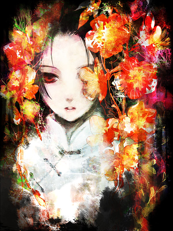 hai yoru, china (hetalia), axis powers hetalia, 00s, 1boy, china dress, chinese clothes, dress, flower, male focus, red eyes, solo