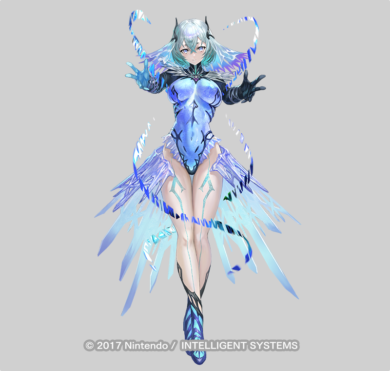 yoshiku (oden-usagi), fimbulvetr (fire emblem), fire emblem, fire emblem heroes, nintendo, commentary request, official art, 1girl, asymmetrical gloves, black gloves, blue eyes, blue gloves, blue leotard, breasts, copyright name, facial hair, gloves, green hair, high heels, large breasts, leotard, looking at viewer, mismatched gloves, outstretched arms, reaching, reaching towards viewer, short hair, solo, tachi-e, thighs, white hair