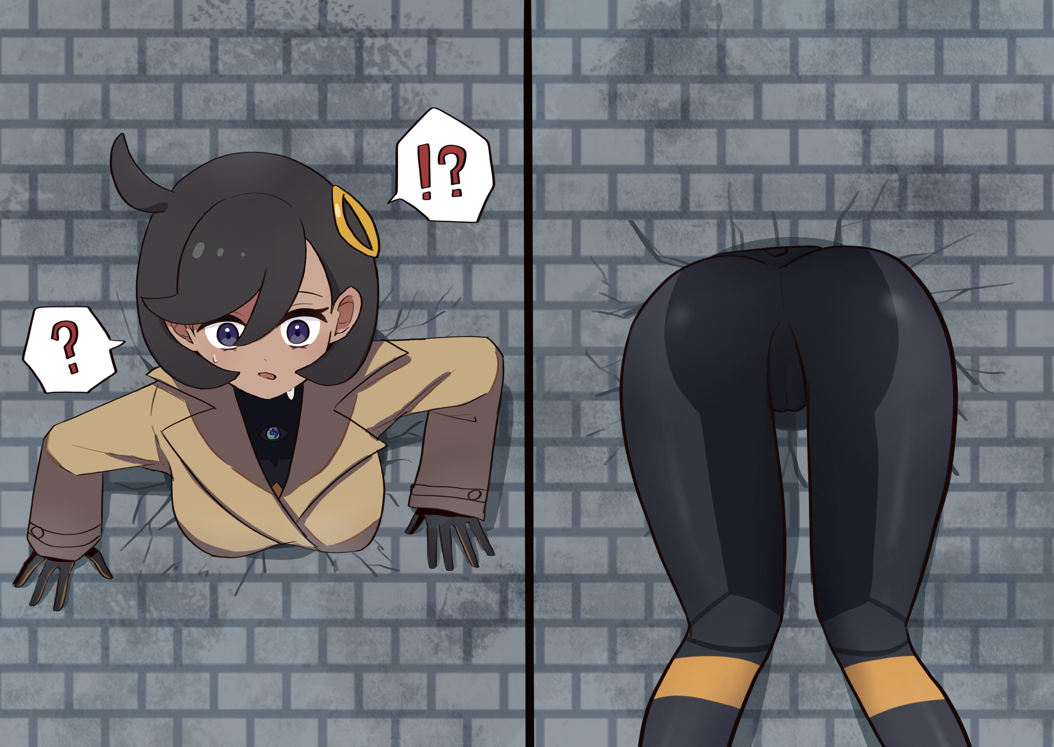 hasu 175, emma (pokemon), nintendo, pokemon, pokemon legends: z-a, ass, ass focus, black hair, bodysuit, breasts, brick wall, dark-skinned female, dark skin, from behind, gloves, jacket, large breasts, purple eyes, short hair, through wall