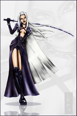 sephiroth, final fantasy, final fantasy vii, gender request, lowres, 1990s (style), blue eyes, boots, genderswap, long hair, open clothes, open shirt, shirt, white hair