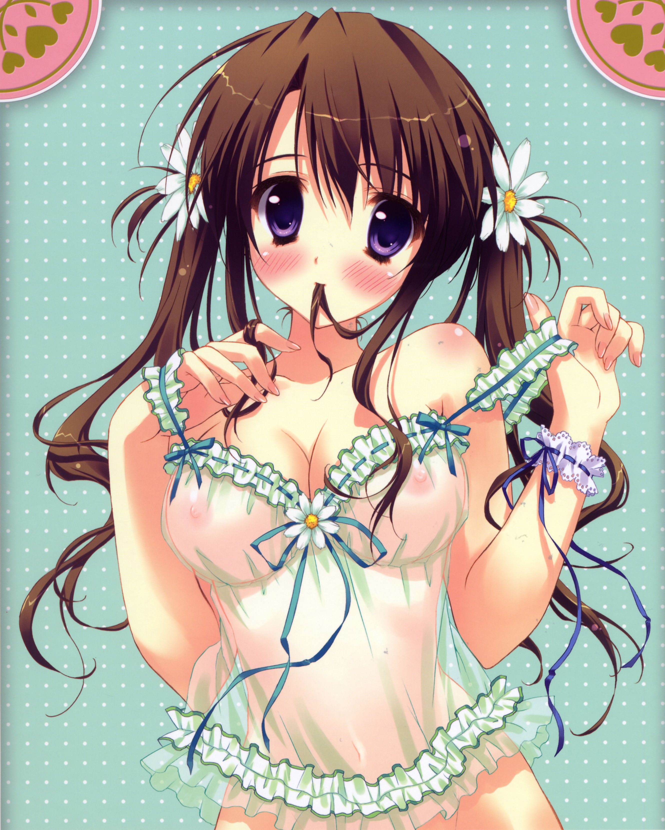 ryouka (suzuya), absurdres, highres, huge filesize, 1girl, blush, breasts, brown hair, cleavage, female focus, flower, frills, hair flower, hair in own mouth, hair ornament, lingerie, long hair, mouth hold, nipples, no panties, see-through clothes, solo, twintails, underwear