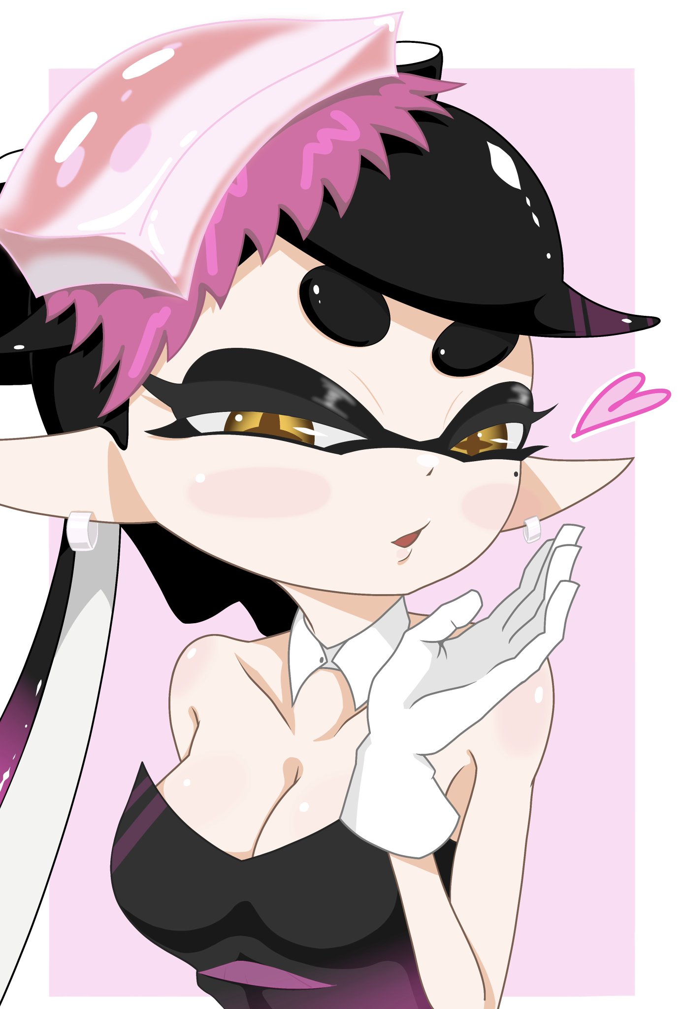 sakaagari-kun, callie (splatoon), callie (squid sisters outfit) (splatoon), nintendo, splatoon (series), + +, 1girl, bare shoulders, black hair, blowing kiss, breasts, cleavage, earrings, gloves, heart, inkling, jewelry, medium breasts, pointy ears, sleeveless, tentacle hair, twintails, white hair, yellow eyes