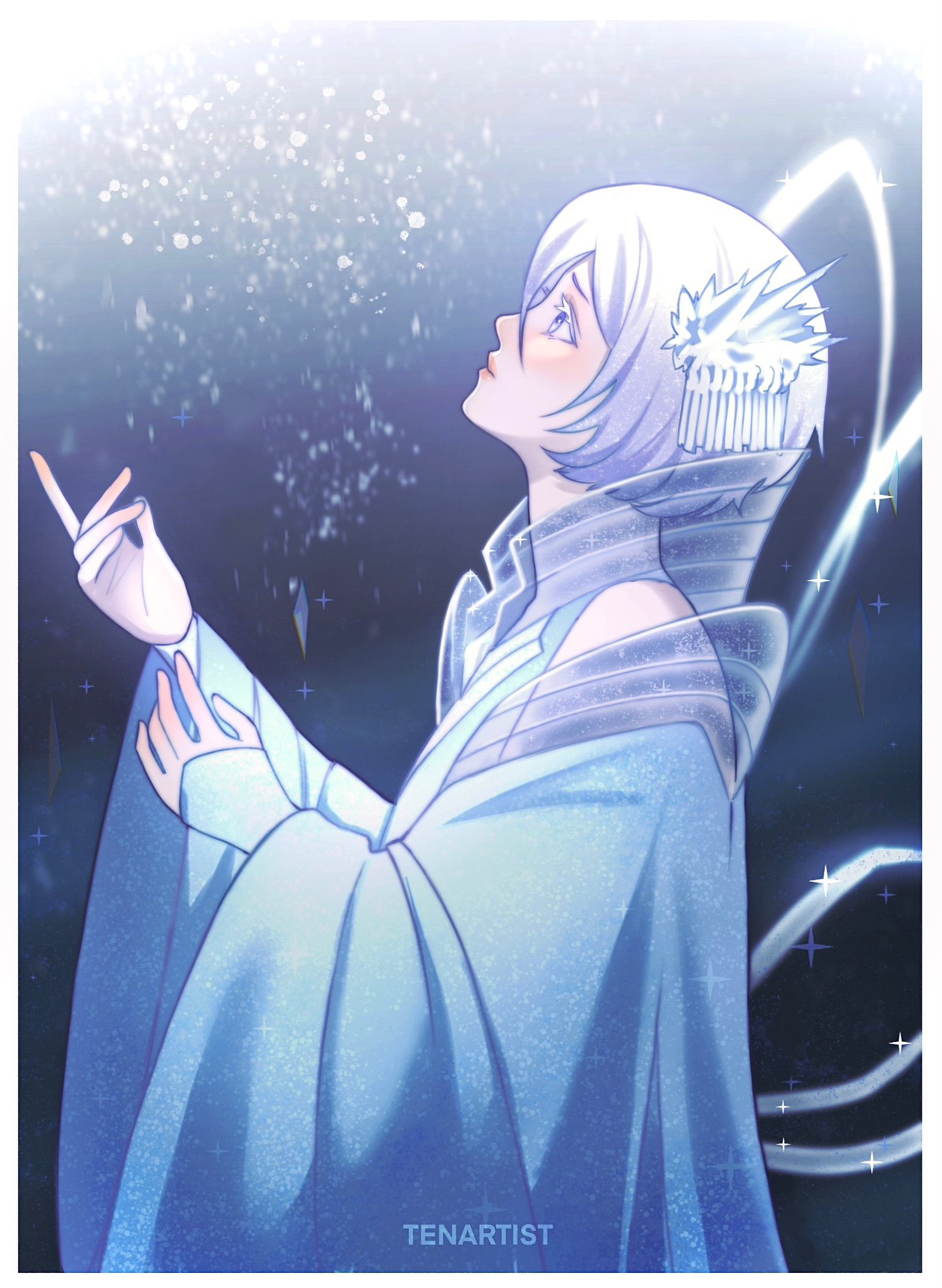 tenartistt, kuchiki rukia, bleach, commentary, english commentary, highres, 1girl, artist name, blue eyes, bob cut, border, closed mouth, colored eyelashes, cryokinesis, detached sleeves, from side, glitter, hair between eyes, hair ornament, hakka no togame (bankai), hands up, high collar, ice, japanese clothes, kimono, looking up, moonlight, night, raised inner eyebrows, see-through collar, snow, snowing, sparkle, white border, white eyelashes, white hair