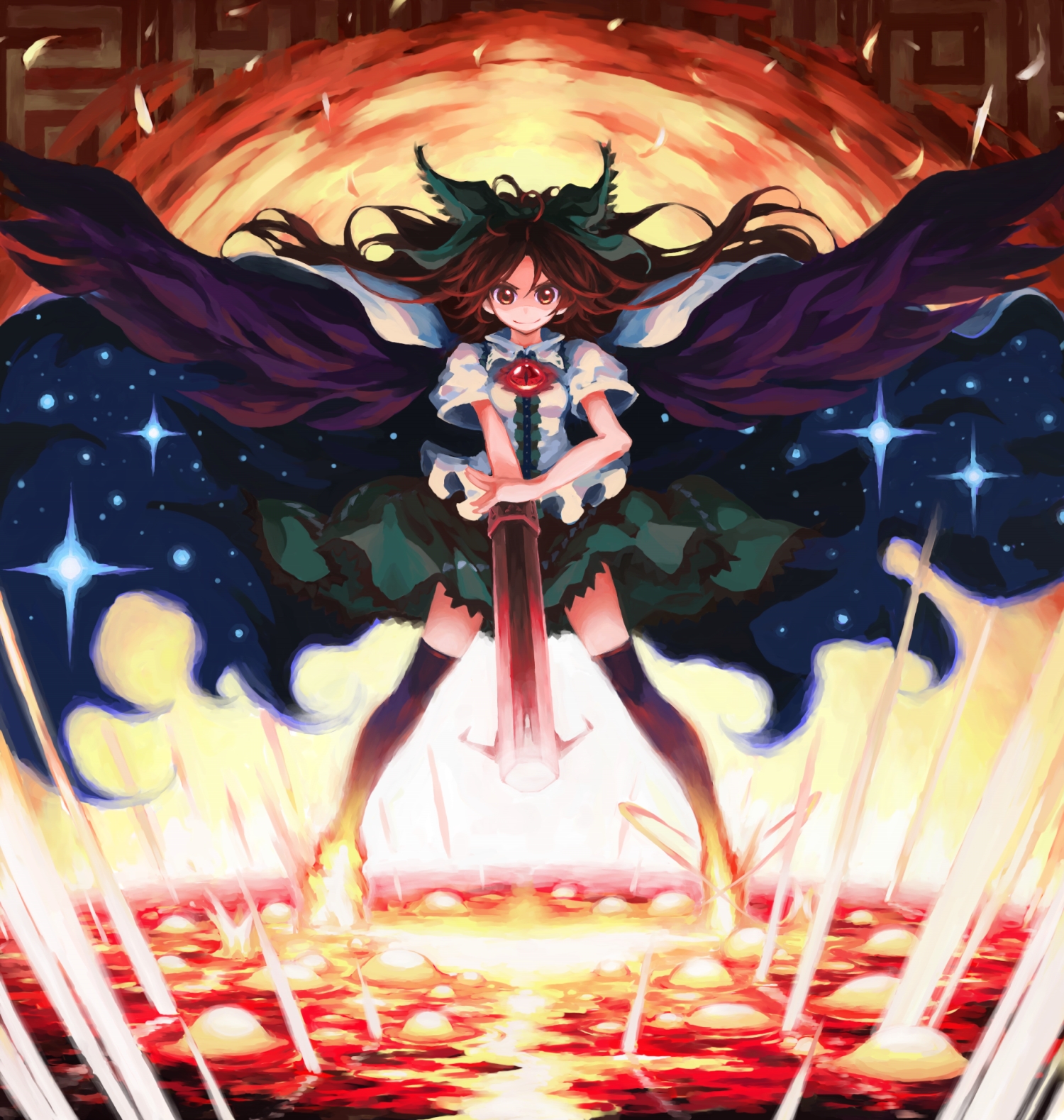 iseki, iseki (kuroshura no tabiji), iseki (otameshi), reiuji utsuho, touhou, highres, 1girl, bow, brown eyes, brown hair, cape, female focus, lava, long hair, solo, thighhighs, wings, zettai ryouiki