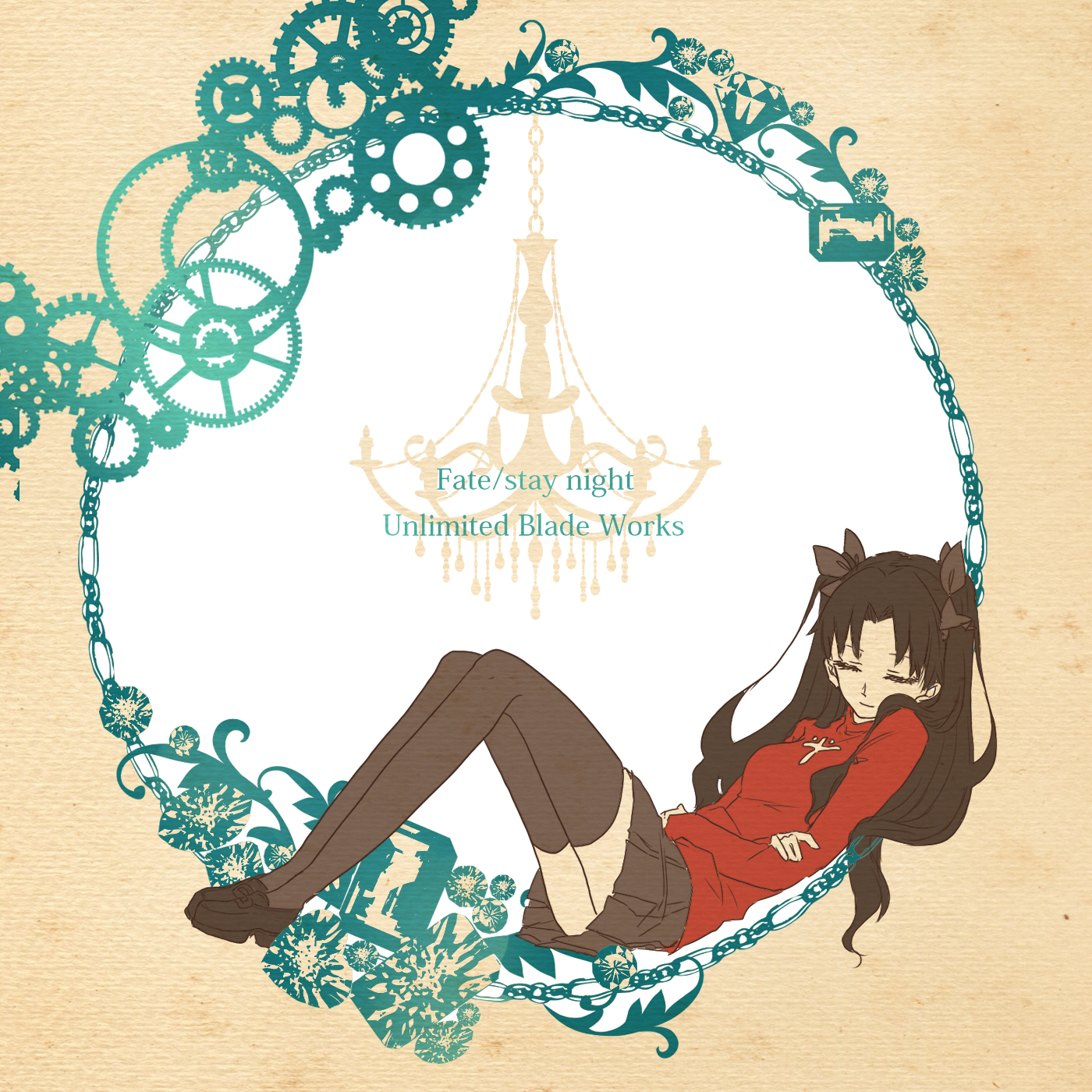 roku (ntbr fate), tohsaka rin, fate/stay night, fate (series), commentary request, highres, 1girl, black hair, black shoes, black skirt, black thighhighs, breasts, closed eyes, closed mouth, copyright name, full body, long hair, long sleeves, lying, miniskirt, on back, red shirt, shirt, shoes, skirt, sleeping, small breasts, solo, thighhighs, two side up, yellow background