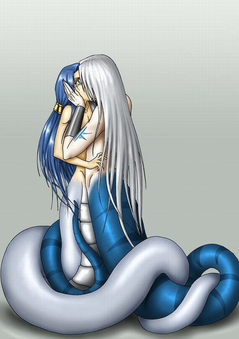 silver hair, 2boys, blue hair, bracer, french kiss, kiss, lamia, male focus, monster girl, multiple boys, yaoi