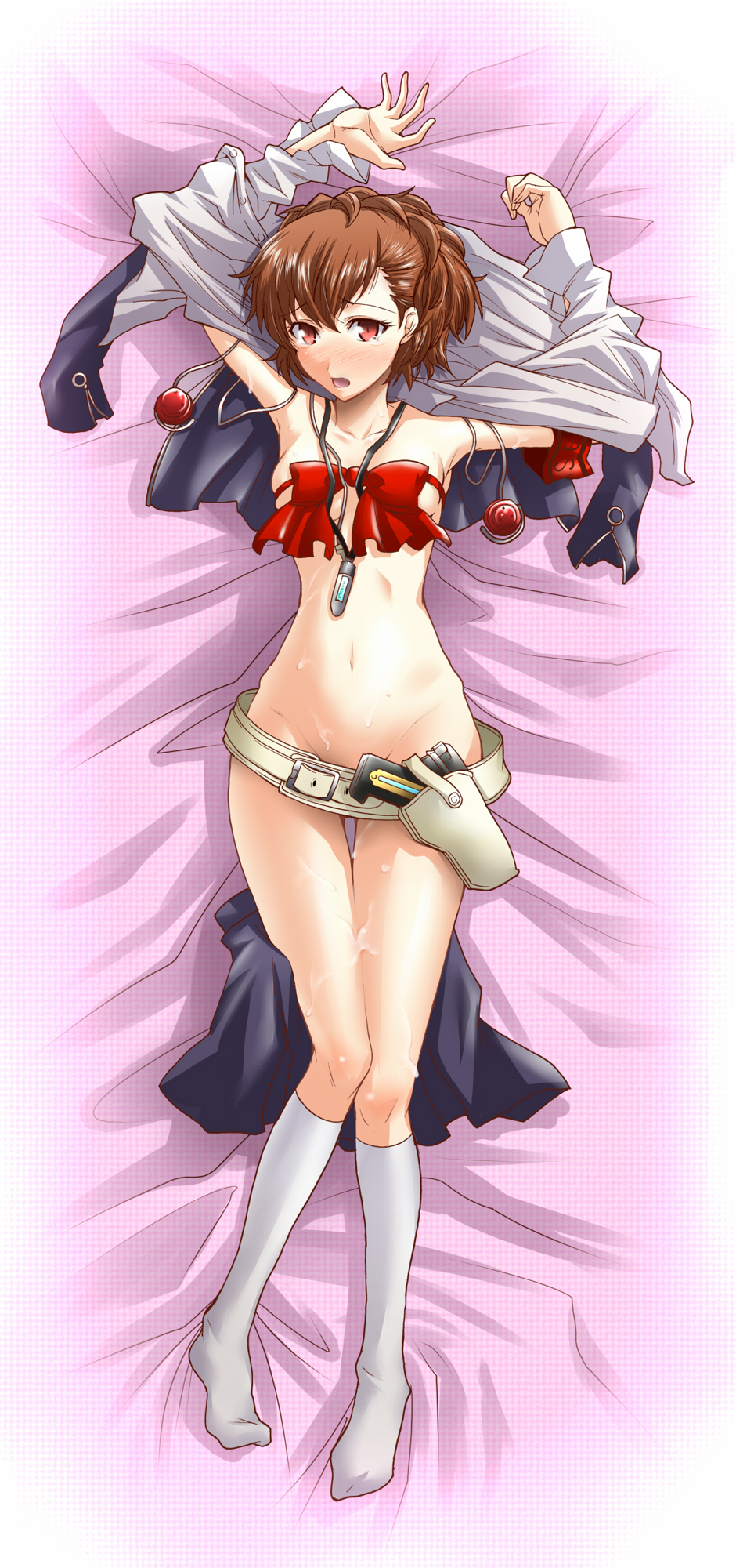 segami daisuke, shiomi kotone, atlus, persona, persona 3, persona 3 portable, highres, 1girl, belt, belt skirt, blush, brown eyes, censored, convenient censoring, cum, dakimakura (medium), digital walkman, evoker, female focus, full body, gun, headphones, mp3 player, red eyes, ribbon, school uniform, short hair, skirt, socks, solo, tears, undressing, walkman nw-s203f, weapon