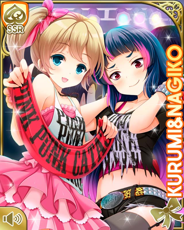 qp:flapper, eto kurumi, kurokawa nagiko, girlfriend (kari), official art, 2girls, :d, black shirt, black shorts, black thighhighs, bow, brown hair, card (medium), character name, green eyes, hair bow, hair ornament, holding, holding towel, looking at viewer, miniskirt, multicolored hair, multiple girls, navel, open mouth, pleated skirt, red eyes, shirt, shorts, side ponytail, skirt, smile, standing, streaked hair, thighhighs, towel