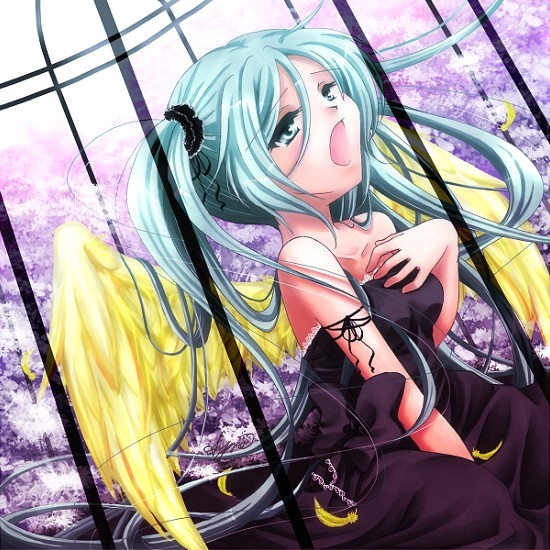 haruhi ayame, hatsune miku, canary (vocaloid), vocaloid, bad id, bad pixiv id, 1girl, angel wings, aqua eyes, aqua hair, cage, feathers, female focus, long hair, open mouth, solo, twintails, wings