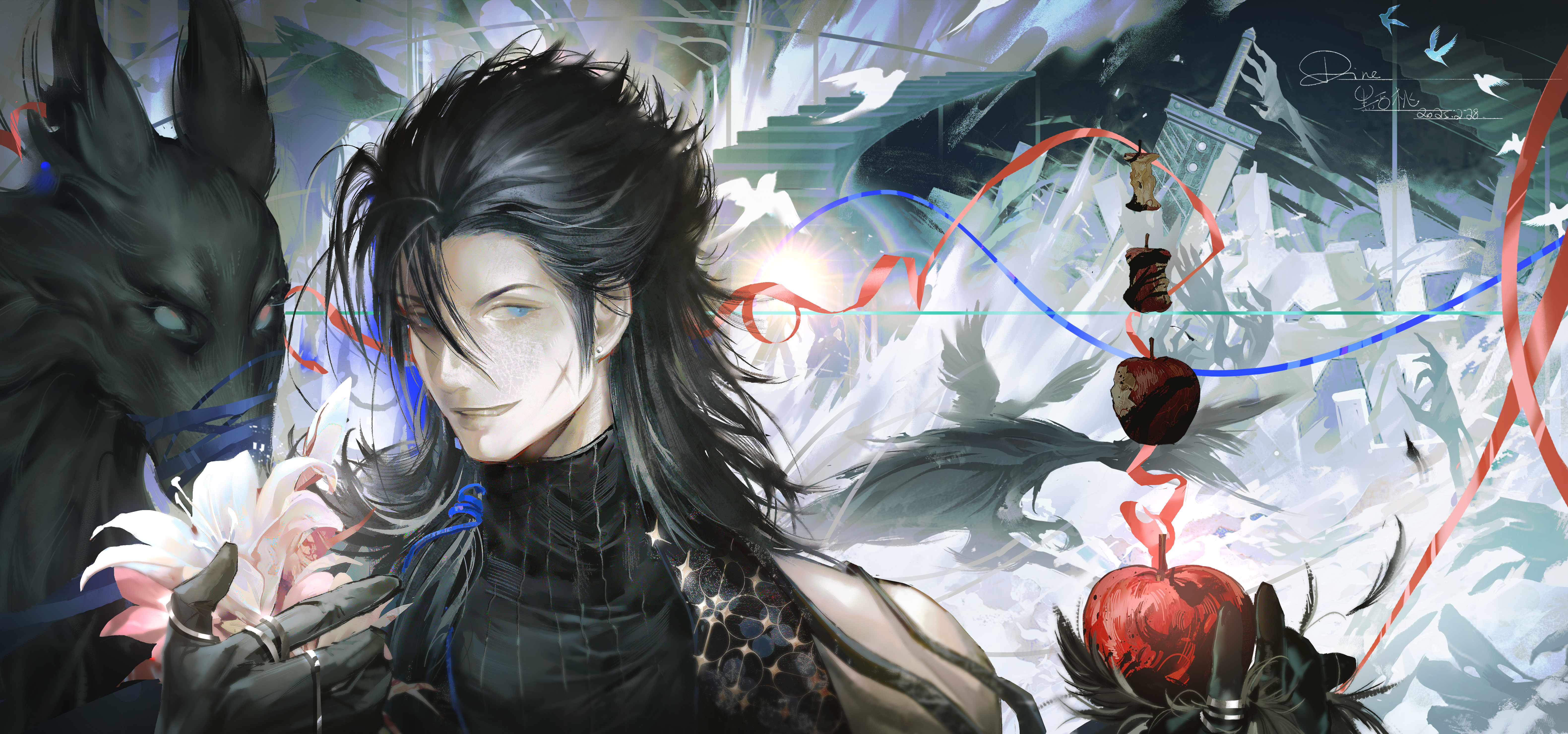 zack fair, crisis core: final fantasy vii, final fantasy, final fantasy vii, absurdres, commentary, highres, 1boy, apple, bird, bitten apple, black feathers, black gloves, black hair, black sweater, blue eyes, blue ribbon, buster sword, cross scar, facial scar, feathers, flower, food, food bite, fruit, gloves, holding, holding flower, holding food, holding fruit, looking at viewer, male focus, medium hair, parted lips, planted, planted sword, planted weapon, ppiinnee24, red ribbon, ribbed sweater, ribbon, scar, scar on cheek, scar on face, sleeveless, sleeveless turtleneck, spiked hair, stairs, sweater, sword, turtleneck, turtleneck sweater, upper body, weapon, white bird