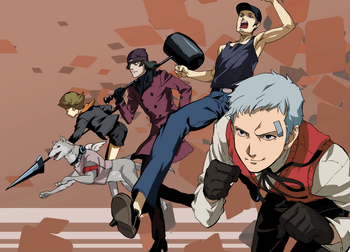 makacoon, amada ken, aragaki shinjirou, iori junpei, sanada akihiko, atlus, persona, persona 3, 4boys, bandages, beanie, brown hair, dog, hammer, hat, jacket, male focus, multiple boys, polearm, school uniform, smile, spear, weapon