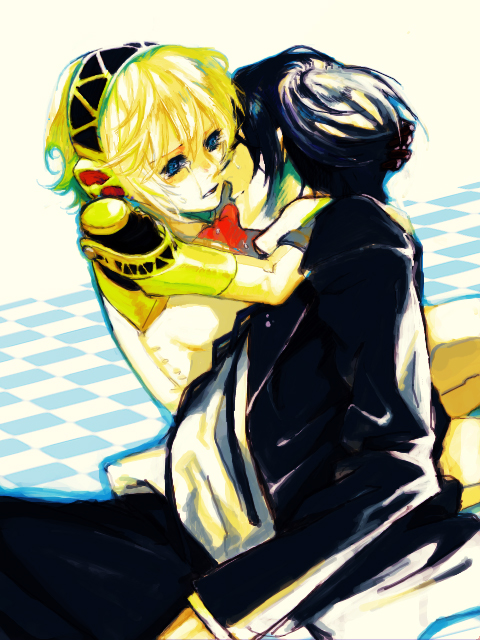 kusumori shiba, aigis (persona), yuuki makoto (persona 3), atlus, persona, persona 3, bad id, bad pixiv id, spoilers, 1boy, 1girl, android, blonde hair, blue eyes, blue hair, bow, closed eyes, death, hairband, holding, school uniform, short hair, tears