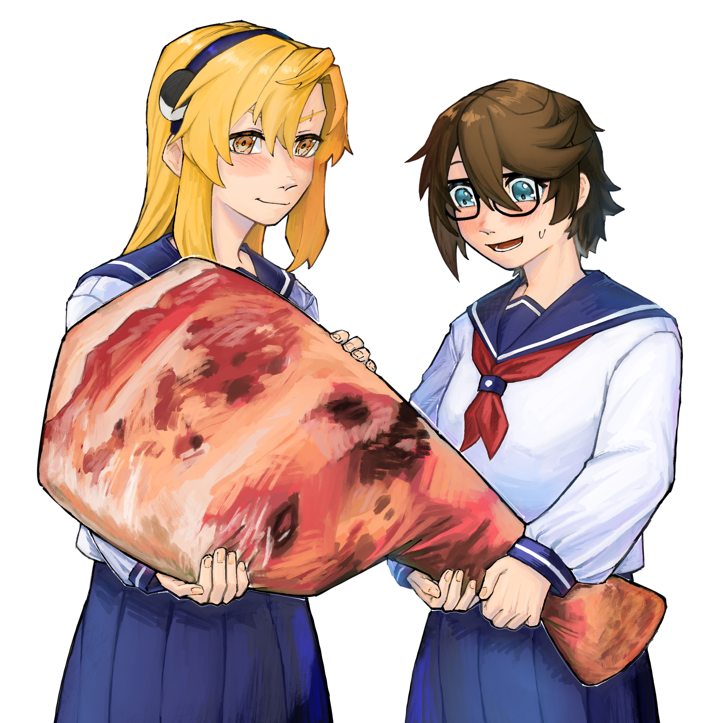 gmeg011, koishikawa iko, momijiyama teru, shy (series), commentary, highres, symbol-only commentary, 2girls, black-framed eyewear, black hairband, blonde hair, blue sailor collar, blue skirt, blush, brown hair, cowboy shot, food, glasses, hair between eyes, hairband, holding, long hair, long sleeves, multiple girls, orange eyes, pleated skirt, sailor collar, scar, scar across eyebrow, scar on face, shirt, short hair, simple background, skirt, smile, white background, white shirt