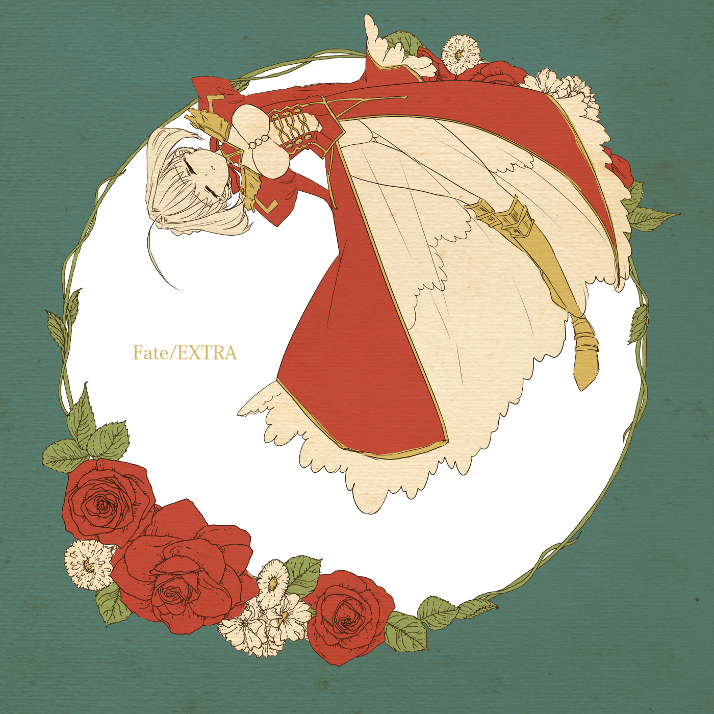 roku (ntbr fate), nero claudius (fate), nero claudius (fate/extra), fate/extra, fate (series), commentary request, highres, 1girl, ahoge, armored boots, blonde hair, boots, breasts, closed eyes, closed mouth, dress, epaulettes, facing viewer, flower, full body, gluteal fold, long sleeves, medium breasts, panties, red dress, red flower, see-through clothes, see-through dress, short hair, solo, underwear, white panties