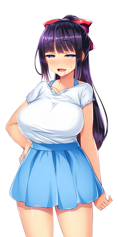 satou kuuki, kisaragi nozomi, shinsou seiki elementia, game cg, large variant set, non-web source, official art, variant set, 1girl, blue eyes, blue skirt, blunt bangs, blush, bow, breasts, casual, collarbone, cowboy shot, drooling, hair bow, half-closed eyes, hand on own hip, high-waist skirt, high ponytail, huge breasts, long hair, looking at viewer, mole, mole under mouth, open mouth, pleated skirt, ponytail, purple eyes, purple hair, red bow, shirt, shirt tucked in, short sleeves, sidelocks, skirt, smile, solo, standing, sweatdrop, transparent background, white shirt