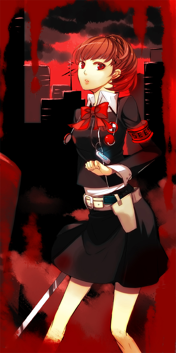 lento (water), shiomi kotone, atlus, persona, persona 3, persona 3 portable, bow, brown hair, gun, hair ornament, hairclip, headphones, red eyes, school uniform, short hair, skirt, solo, sword, weapon