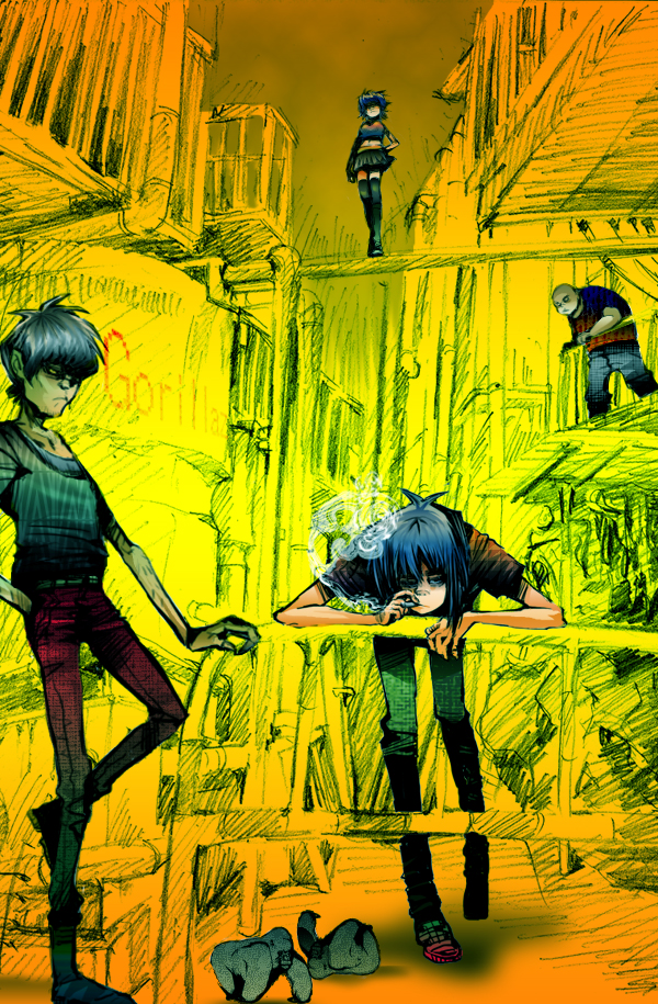 gurenosuke, 2d (gorillaz), murdoc niccals, noodle (gorillaz), russel hobbs, stuart pot, gorillaz, bad id, bad pixiv id, 1girl, 3boys, cigarette, multiple boys, sketch, smoking