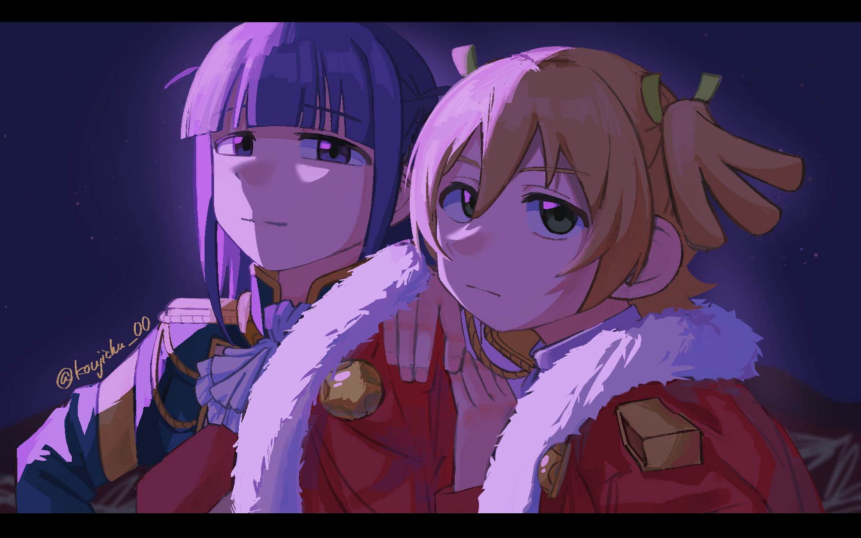 daiba nana, tsuyuzaki mahiru, shoujo kageki revue starlight, commentary request, highres, 2girls, aiguillette, aqua jacket, ascot, blonde hair, blue background, blunt bangs, blurry, blurry background, closed mouth, epaulettes, fur-trimmed jacket, fur trim, gradient background, green eyes, hair between eyes, hair ribbon, hand on another's shoulder, hand up, jacket, jacket on shoulders, koujichu 00, letterboxed, light particles, long sleeves, looking at viewer, multiple girls, purple eyes, purple hair, red jacket, red sash, ribbon, sash, shade, short hair, short twintails, shoulder sash, side-by-side, sidelighting, sidelocks, smile, twintails, twitter username, two side up, upper body, v-shaped eyebrows, white ascot, white jacket, yellow ribbon