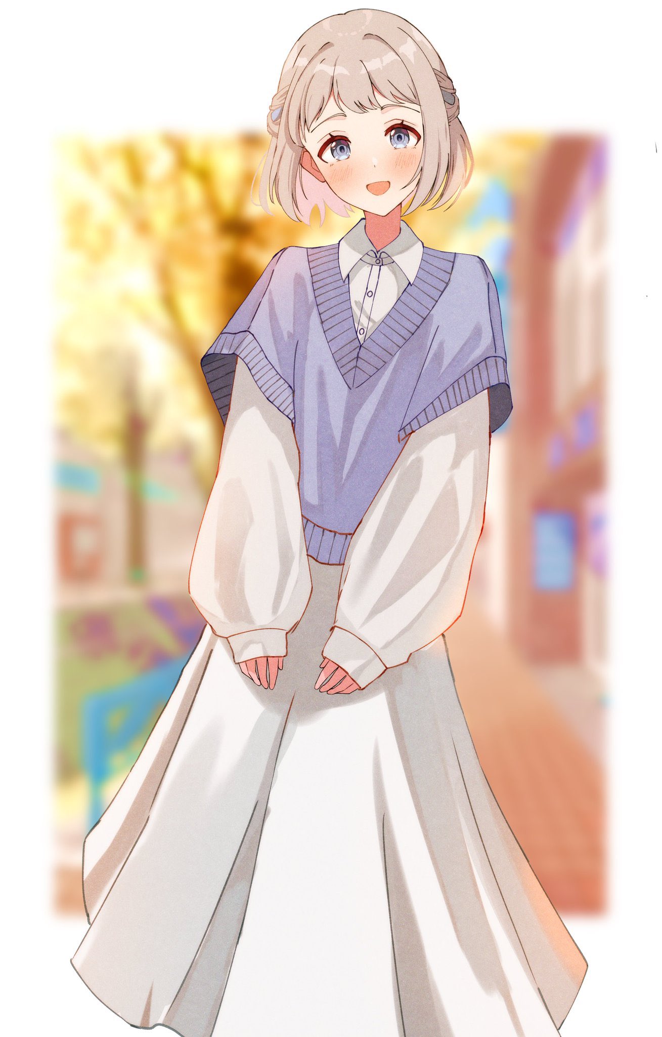 iroha 822, katsuragi lilja, gakuen idolmaster, idolmaster, commentary request, highres, 1girl, :d, blue eyes, blue ribbon, blue sweater, blurry, blurry background, blush, bob cut, border, braid, collared dress, cowboy shot, dress, grey hair, hair ribbon, half up braid, layered sleeves, long dress, long sleeves, looking at viewer, open mouth, outdoors, outside border, puffy long sleeves, puffy sleeves, ribbon, ribbon braid, road, short hair, short over long sleeves, short sleeves, smile, solo, standing, street, sweater, white border, white dress