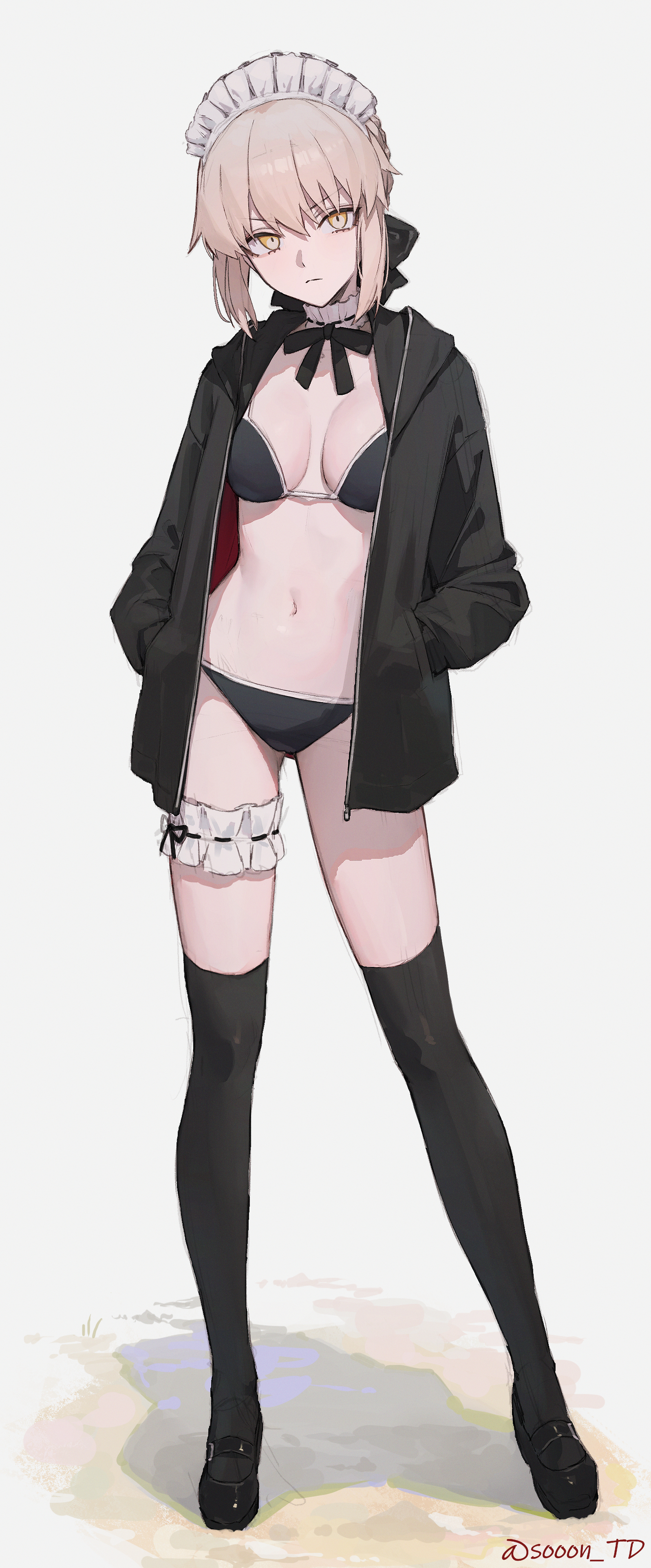 sooon, artoria pendragon (fate), saber alter, saber alter (swimsuit rider) (second ascension), fate/grand order, fate (series), absurdres, commentary request, highres, 1girl, artist name, bikini, black bikini, black shoes, black thighhighs, blonde hair, breasts, breasts apart, frills, full body, looking at viewer, maid, maid bikini, maid headdress, mary janes, medium breasts, navel, shoes, solo, standing, swimsuit, thighhighs, twitter username, unconventional maid, watermark, yellow eyes