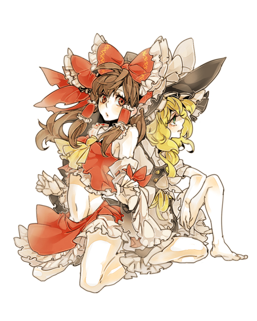 robert (robahato), hakurei reimu, kirisame marisa, touhou, bad id, bad pixiv id, 2girls, barefoot, blonde hair, bow, braid, brown hair, detached sleeves, female focus, green eyes, hat, japanese clothes, long hair, midriff, miko, multiple girls, navel, red eyes, witch, witch hat