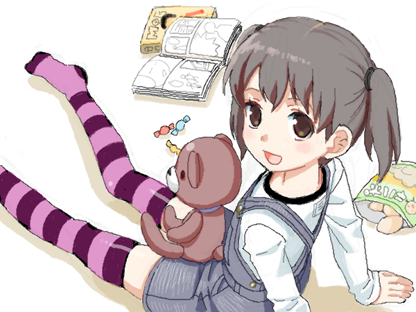mattaku mousuke, original, blush, book, brown eyes, brown hair, candy, child, chips (food), food, grey overalls, legs, oekaki, open mouth, overalls, purple thighhighs, short twintails, sitting, smile, solo, striped clothes, striped thighhighs, stuffed animal, stuffed toy, teddy bear, thighhighs, twintails