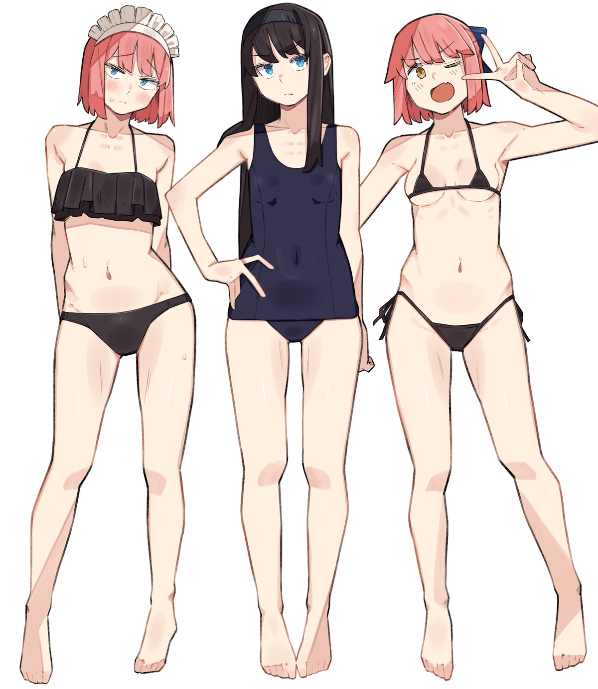 sattinittas, type-moon, character request, commentary request, copyright request, highres, 3girls, barefoot, bikini, black bikini, black hair, blue eyes, blush, breasts, closed mouth, collarbone, covered navel, fang, frilled bikini, frills, full body, hairband, hand on own hip, long hair, looking at viewer, maid headdress, micro bikini, multiple girls, navel, one-piece swimsuit, one eye closed, open mouth, pink hair, short hair, simple background, skin fang, small breasts, standing, stomach, string bikini, sweat, swimsuit, white background