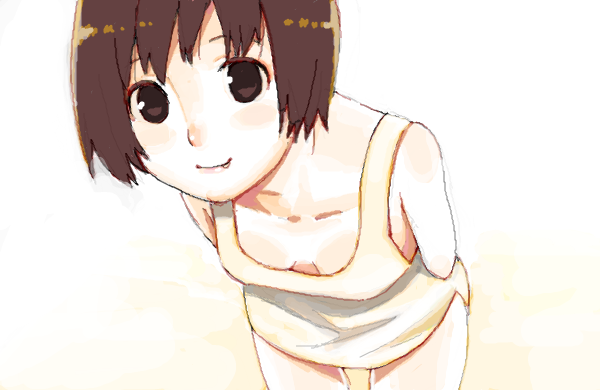 mattaku mousuke, 1girl, bent over, blush, breasts, brown eyes, brown hair, cleavage, downblouse, fang, female focus, leaning forward, oekaki, short hair, smile, solo