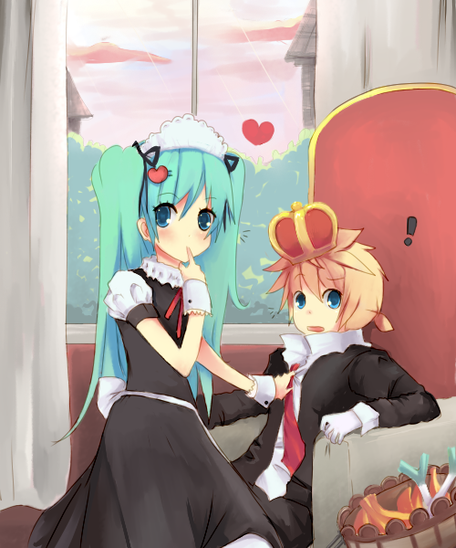 01 (mikusha), hatsune miku, kagamine len, vocaloid, 1boy, 1girl, aqua eyes, banana, blonde hair, blue eyes, crown, food, formal clothes, fruit, gloves, hair ribbon, hairband, heart, necktie, ribbon, sitting, spring onion, suit