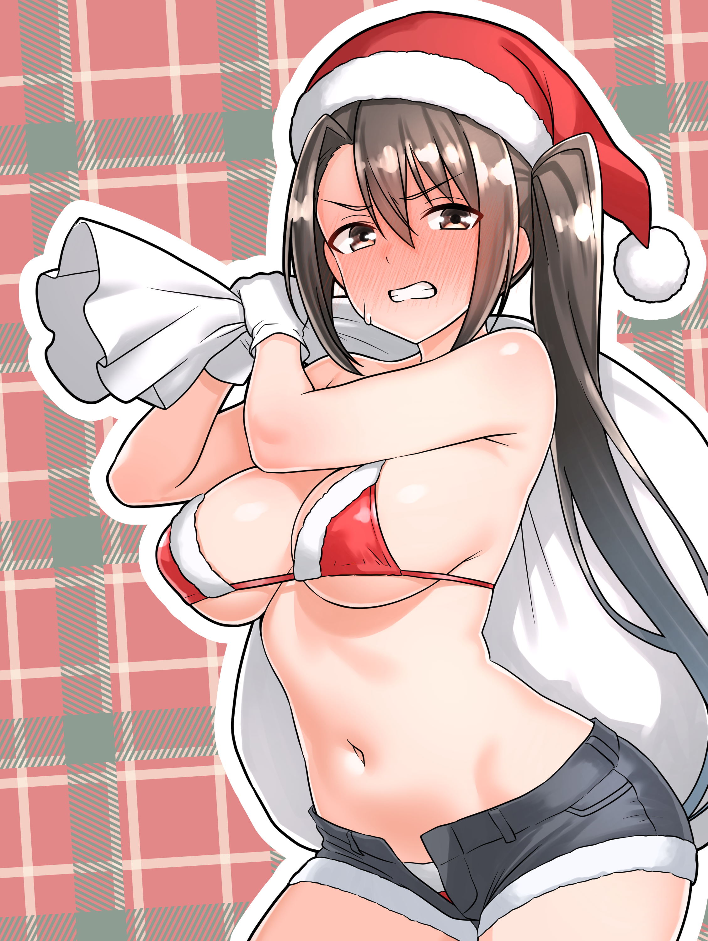 furaggu (frag 0416), nachi (kancolle), kantai collection, absurdres, commentary request, highres, variant set, 1girl, bag, bikini, black hair, black shorts, blush, breasts, gift bag, gloves, hair between eyes, hat, holding, holding bag, large breasts, long hair, navel, red hat, santa bikini, santa costume, santa hat, short shorts, shorts, side ponytail, solo, standing, stomach, swimsuit, thighs, torn clothes, torn shorts, white gloves