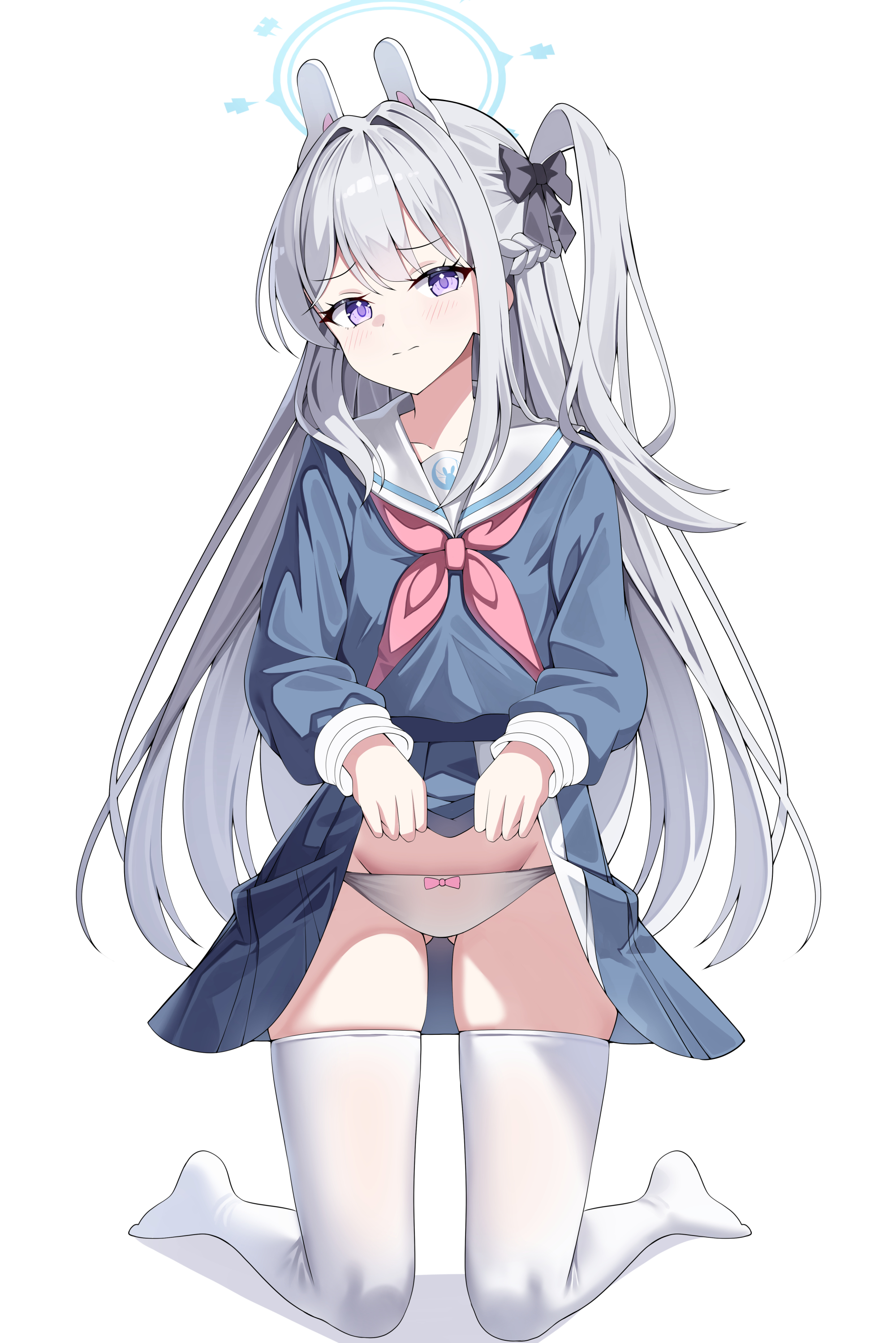 sob (submar1089), miyako (blue archive), blue archive, absurdres, commentary request, highres, korean commentary, 1girl, animal ear hairband, animal ears, black bow, blue halo, blue shirt, blue skirt, blush, bow, braid, closed mouth, clothes lift, fake animal ears, hair bow, hairband, half up braid, halo, kneeling, long hair, looking at viewer, neckerchief, one side up, panties, pink neckerchief, purple hair, rabbit ear hairband, rabbit ears, sailor collar, shirt, skirt, skirt lift, solo, thighhighs, underwear, white hairband, white panties, white sailor collar, white thighhighs