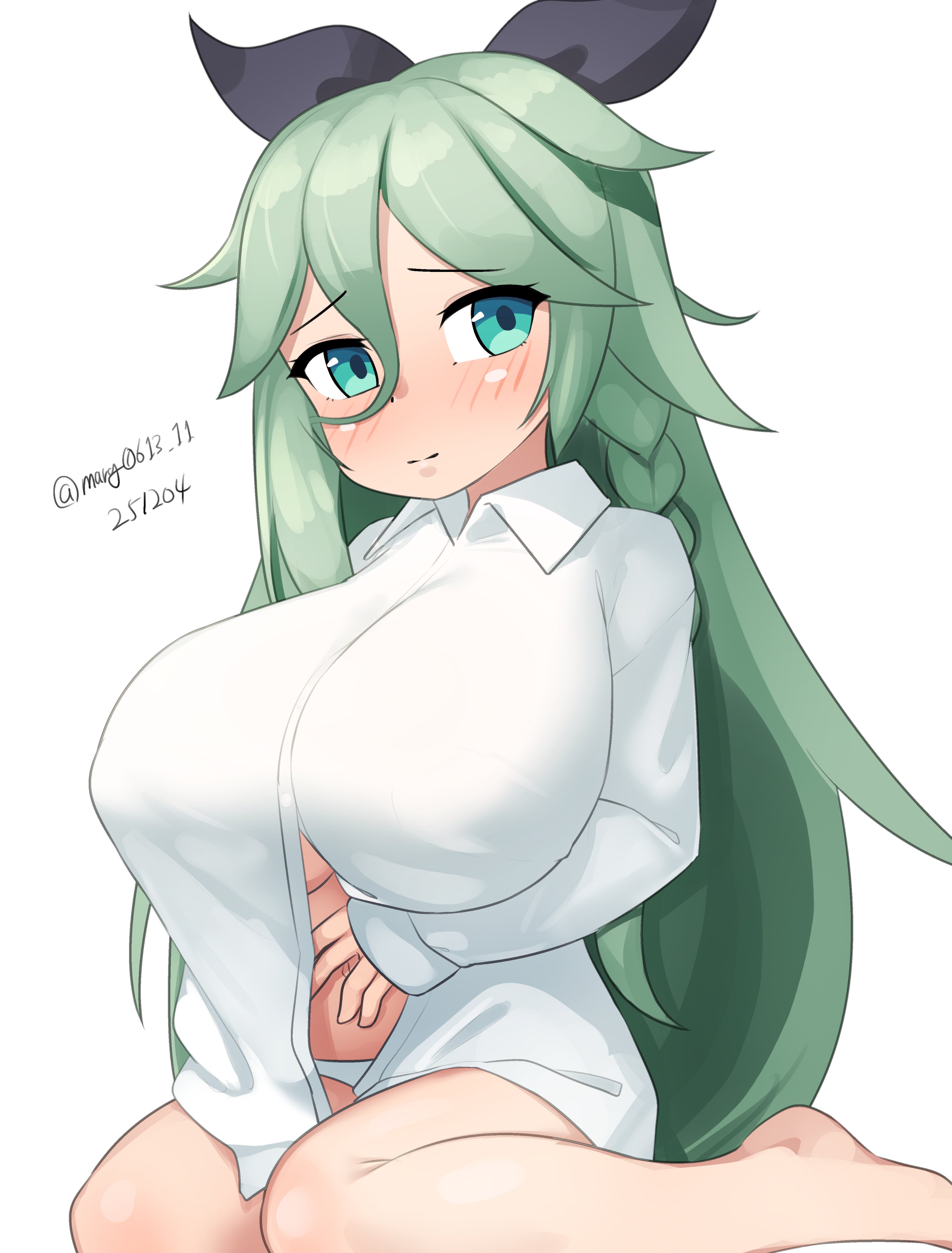 maru (marg0613), yamakaze (kancolle), kantai collection, absurdres, commentary request, highres, 1girl, braid, breasts, collared shirt, dated, dress shirt, green eyes, green hair, grey hair, hair between eyes, hair ribbon, large breasts, long hair, one-hour drawing challenge, panties, ribbon, shirt, simple background, single braid, solo, twitter username, underwear, white background, white panties, white shirt