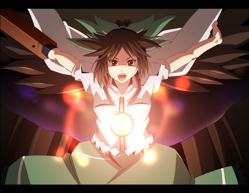 shin'ya (nanp), reiuji utsuho, touhou, 1girl, bow, brown hair, female focus, hair ribbon, long hair, red eyes, ribbon, skirt, solo, wings