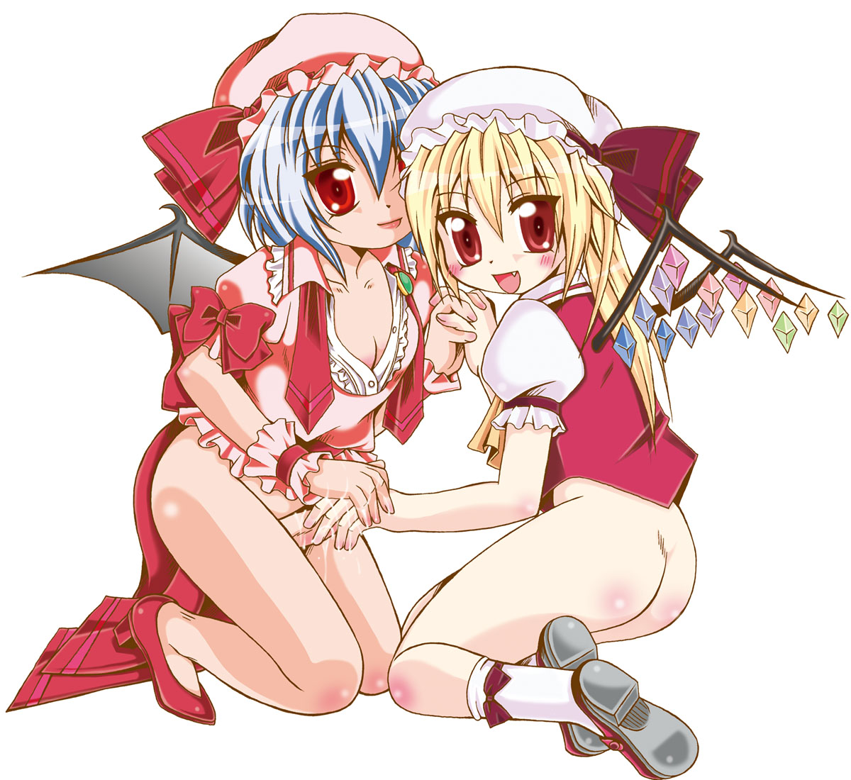flandre scarlet, remilia scarlet, touhou, 1futa, 1girl, ass, bat wings, blonde hair, blue hair, blush, bottomless, bow, cum, fang, futa with female, futanari, hat, penis, red eyes, ribbon, short hair, siblings, sisters, wings, wrist cuffs