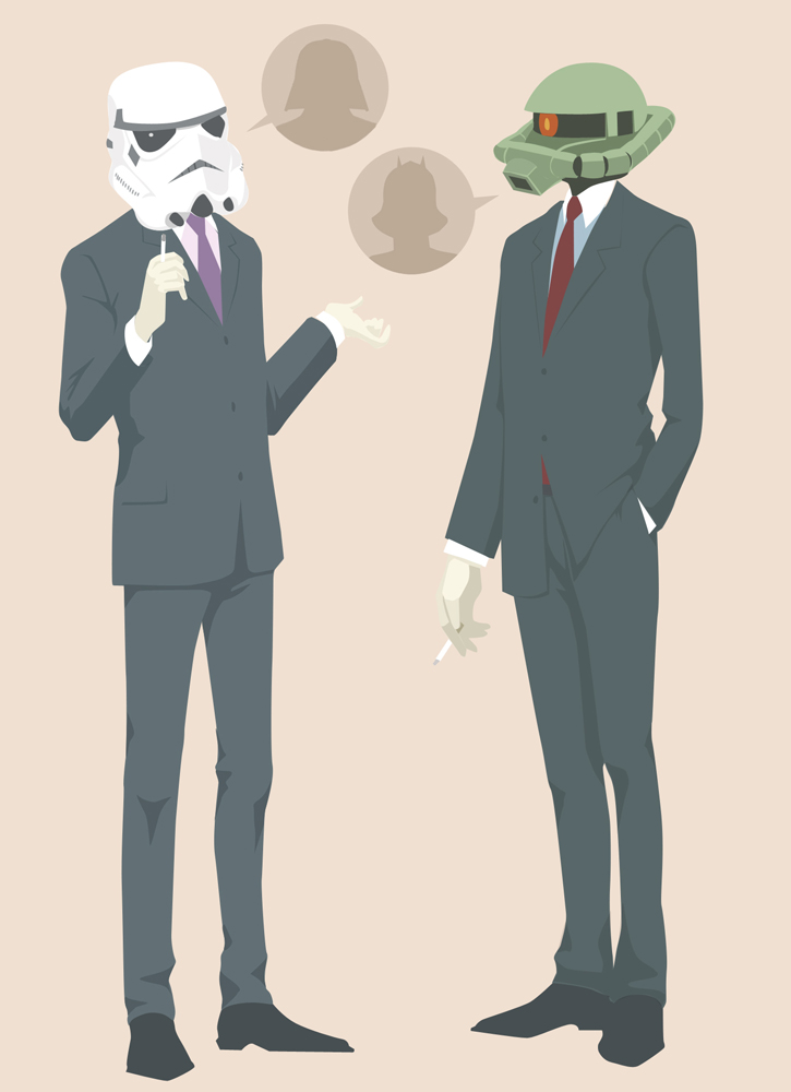 gb (doubleleaf), char aznable, darth vader, stormtrooper, zaku, zaku ii, zaku ii f/j, gundam, star wars, 2boys, cigarette, comparison, crossover, formal clothes, multiple boys, necktie, parody, silhouette, suit