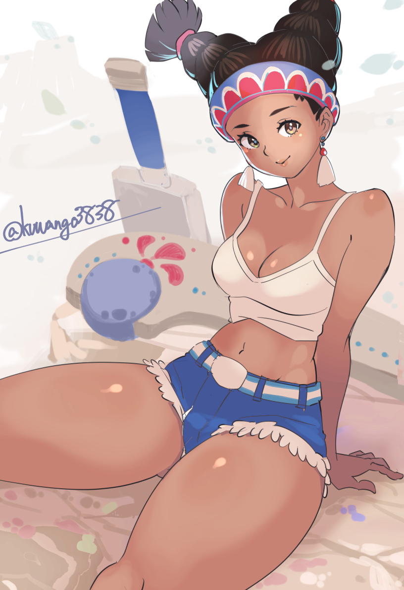 kuwango, lily hawk, street fighter, street fighter 6, 1girl, bare shoulders, breasts, brown eyes, brown hair, crop top, dark-skinned female, dark skin, earrings, headband, jewelry, lips, looking to the side, medium breasts, multi-tied hair, short shorts, shorts, sitting, sleeveless