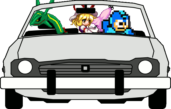 mega man (character), rayquaza, yakumo yukari, capcom, m.u.g.e.n, mega man (classic), mega man (series), nintendo, pokemon, saturday night live, touhou, animated, animated gif, 1boy, 1girl, car, crossover, gen 3 pokemon, legendary pokemon, meme, motor vehicle, parody, pokemon (creature), transparent background, vehicle focus, what is love (meme)