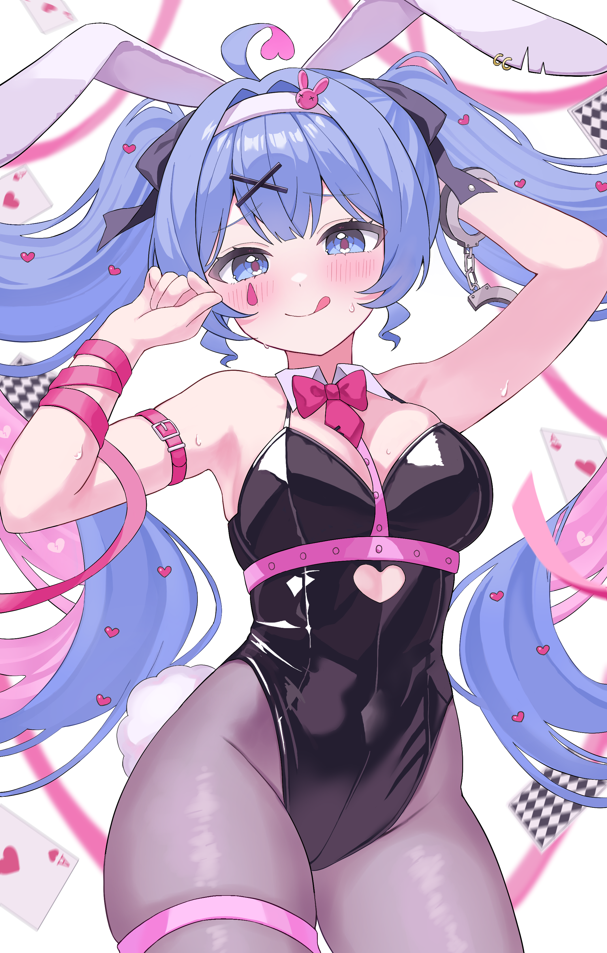 hatsune miku, rabbit hole (vocaloid), vocaloid, absurdres, commentary request, highres, 1girl, ahoge, alternate breast size (larger), animal ears, aqua eyes, aqua hair, arm up, armpits, black leotard, blush, bow, breasts, cleavage, closed mouth, collarbone, cuffs, fake animal ears, hair ornament, handcuffs, leotard, looking at viewer, medium breasts, multicolored hair, omame 3de, pink hair, playboy bunny, rabbit ears, rabbit tail, red bow, red nails, red ribbon, ribbon, simple background, smile, solo, strapless, strapless leotard, sweat, tail, thighhighs, tongue, tongue out, white background, wrist ribbon
