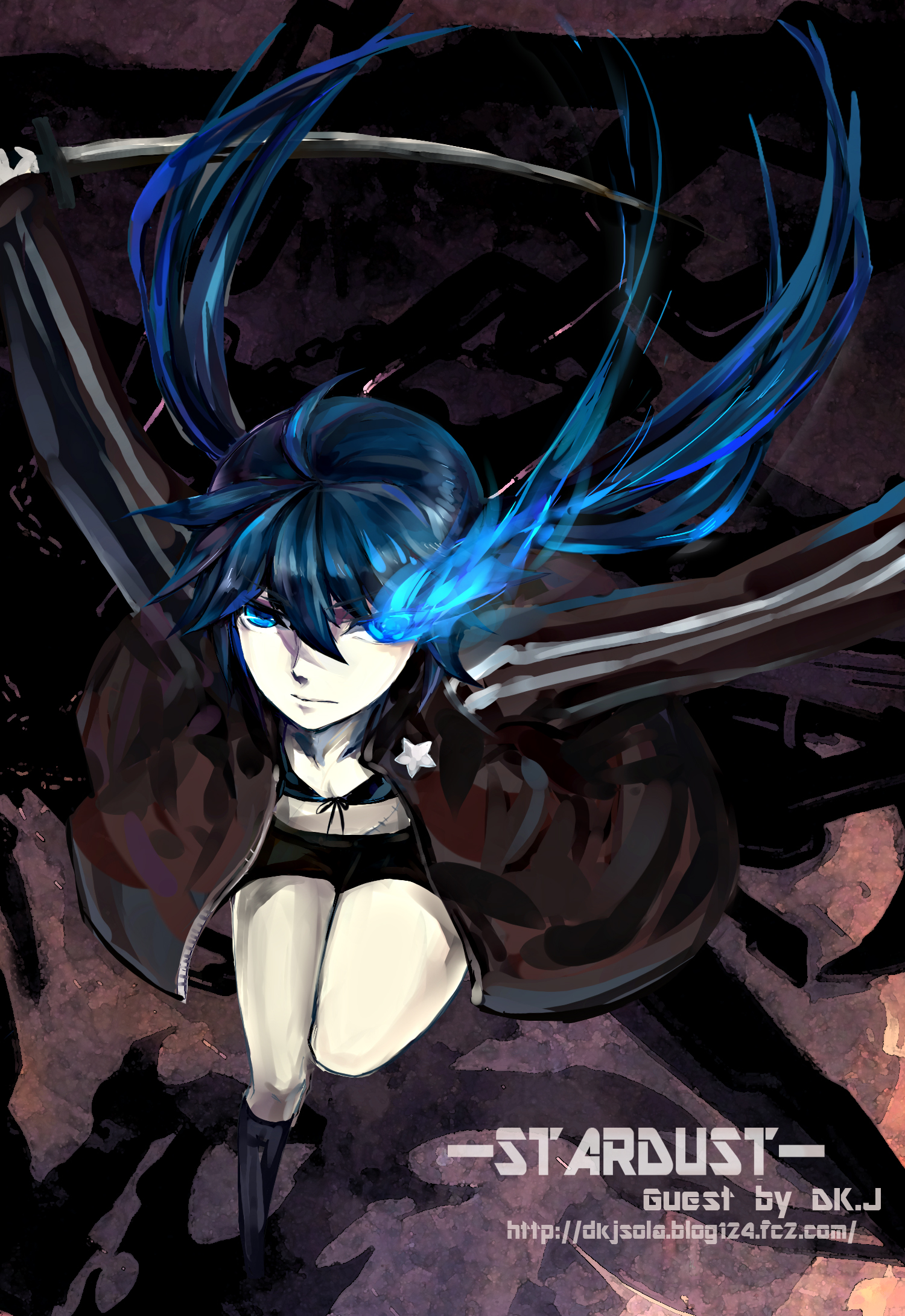 skyness, black rock shooter (character), black rock shooter, highres, 10s, 1girl, bikini, bikini top only, black bikini, black hair, blue eyes, boots, cape, coat, female focus, flat chest, glowing, glowing eye, glowing eyes, long hair, pale skin, scar, shorts, solo, swimsuit