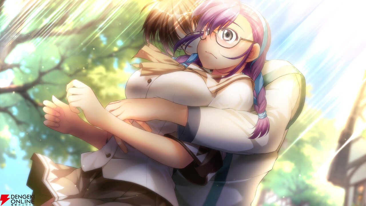 atelier-moo, cheryl christia, yuukyuu gensoukyoku, game cg, official art, second-party source, 1boy, 1girl, blue headband, blue ribbon, blurry, blurry background, blush, braid, breasts, brown hair, brown sailor collar, brown skirt, closed mouth, dutch angle, embarrassed, faceless, faceless male, from below, glasses, grey eyes, hair ribbon, headband, house, hug, hug from behind, long hair, long sleeves, medium breasts, miniskirt, neckerchief, outdoors, pleated skirt, purple hair, ribbon, sailor collar, shirt, short hair, short sleeves, sidelocks, skirt, standing, striped clothes, surprised, tree, vertical-striped clothes, white shirt, wide-eyed, yuukyuu gensoukyoku revival