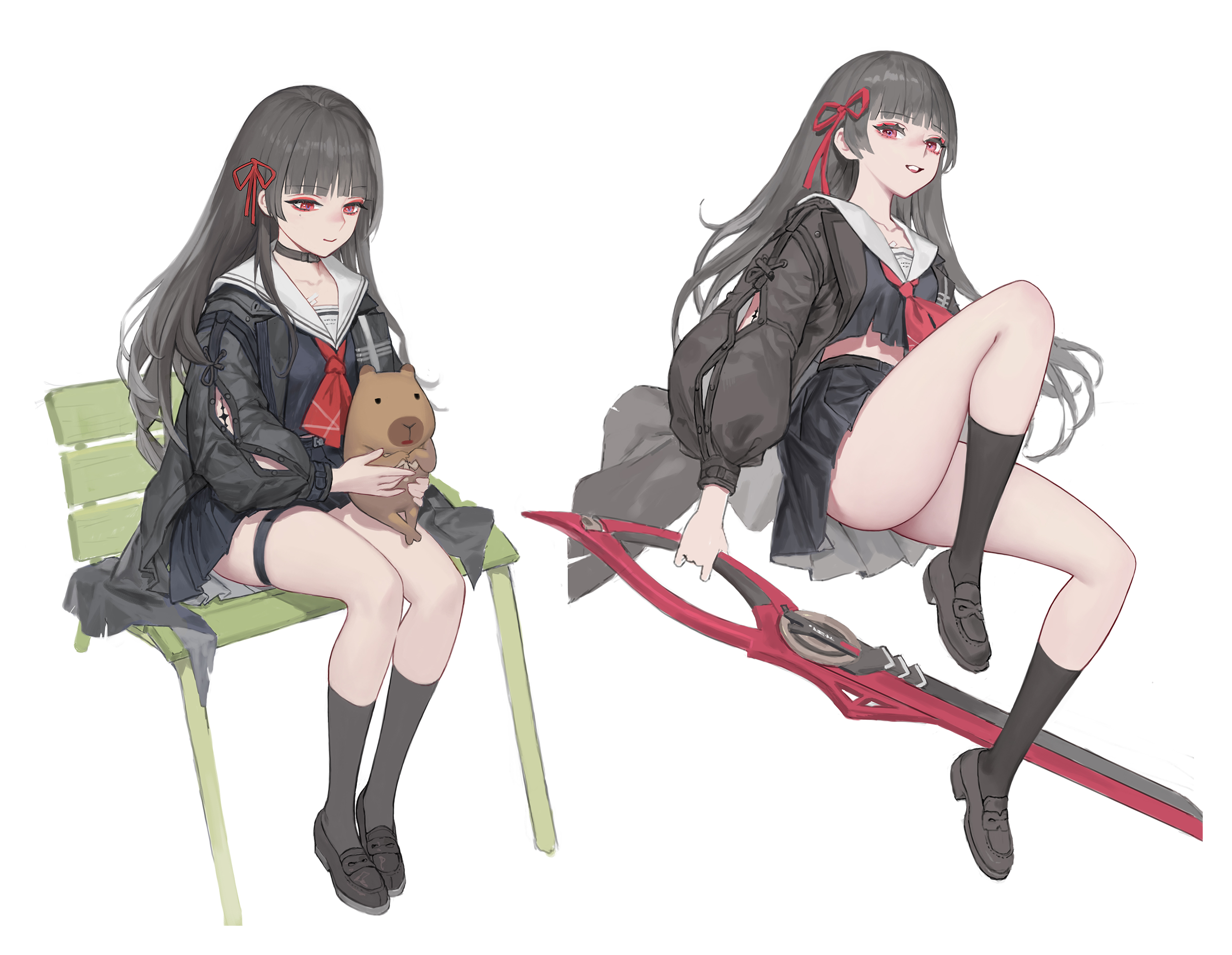 ki min-woo, chisa (wuthering waves), wuthering waves, commentary request, highres, korean commentary, 1girl, arm cutout, black choker, black hair, black jacket, black serafuku, black shoes, black socks, breasts, choker, closed mouth, clothing cutout, collarbone, hair ribbon, holding, holding sword, holding weapon, jacket, loafers, long hair, long sleeves, looking at viewer, medium breasts, mole, mole under eye, multiple views, namipon (wuthering waves), neckerchief, parted lips, red eyes, red neckerchief, red ribbon, ribbon, sailor collar, school uniform, serafuku, shoes, sitting, smile, socks, sword, thigh strap, thighs, weapon, white sailor collar