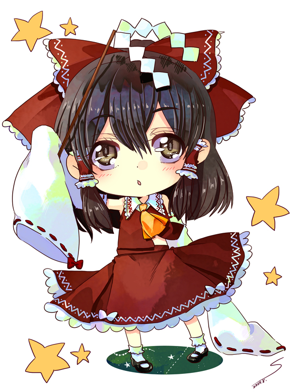 akekuchi, hakurei reimu, touhou, 1girl, bow, brown eyes, brown hair, chibi, detached sleeves, female focus, full body, gohei, japanese clothes, miko, short hair, solo, white background