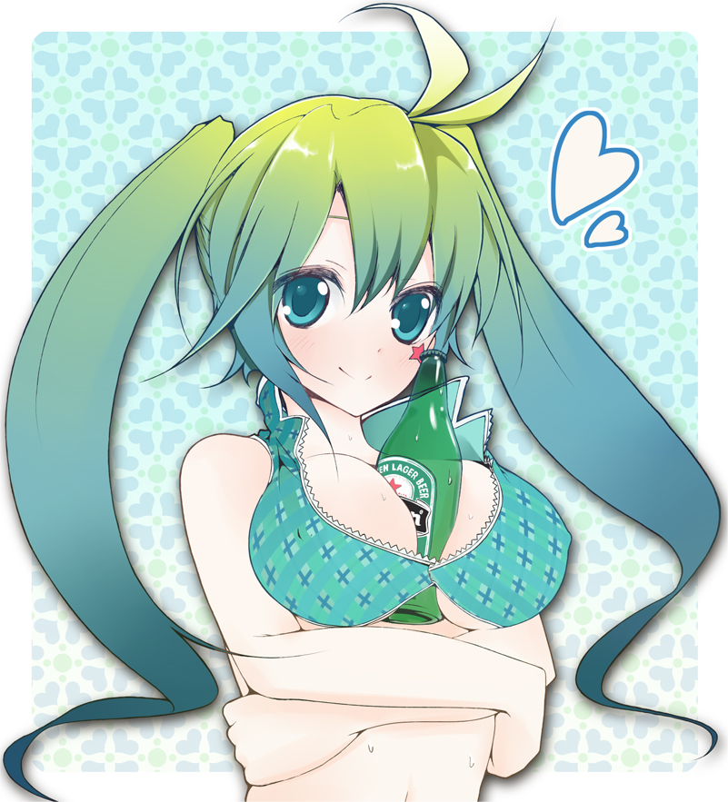 suzume miku, hatsune miku, heineken, original, vocaloid, bad id, bad pixiv id, 1girl, alcohol, aqua bikini, beer, between breasts, bikini, blue eyes, blush, bottle, breasts, female focus, gradient hair, green hair, heart, large breasts, multicolored hair, product placement, smile, solo, swimsuit, twintails