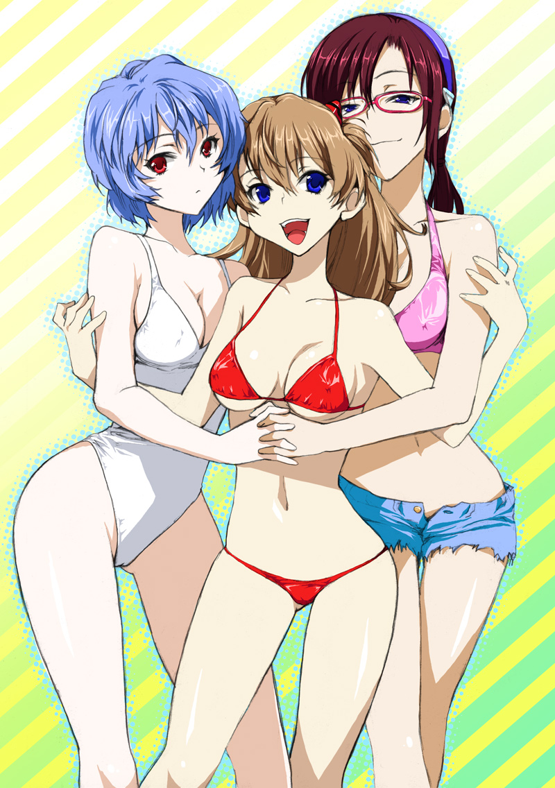 sage joh, ayanami rei, makinami mari illustrious, souryuu asuka langley, evangelion: 2.0 you can (not) advance, neon genesis evangelion, rebuild of evangelion, bad id, bad pixiv id, 00s, 3girls, bikini, bikini top only, blue eyes, blue hair, breasts, brown hair, cleavage, covered erect nipples, curvy, denim, denim shorts, female focus, girl sandwich, glasses, hairband, holding hands, hug, long hair, lowleg, lowleg bikini, micro bikini, multiple girls, one-piece swimsuit, open fly, pale skin, pink hair, red eyes, red hair, sandwiched, short hair, short shorts, shorts, smile, swimsuit, twintails, underboob, unzipped, white one-piece swimsuit