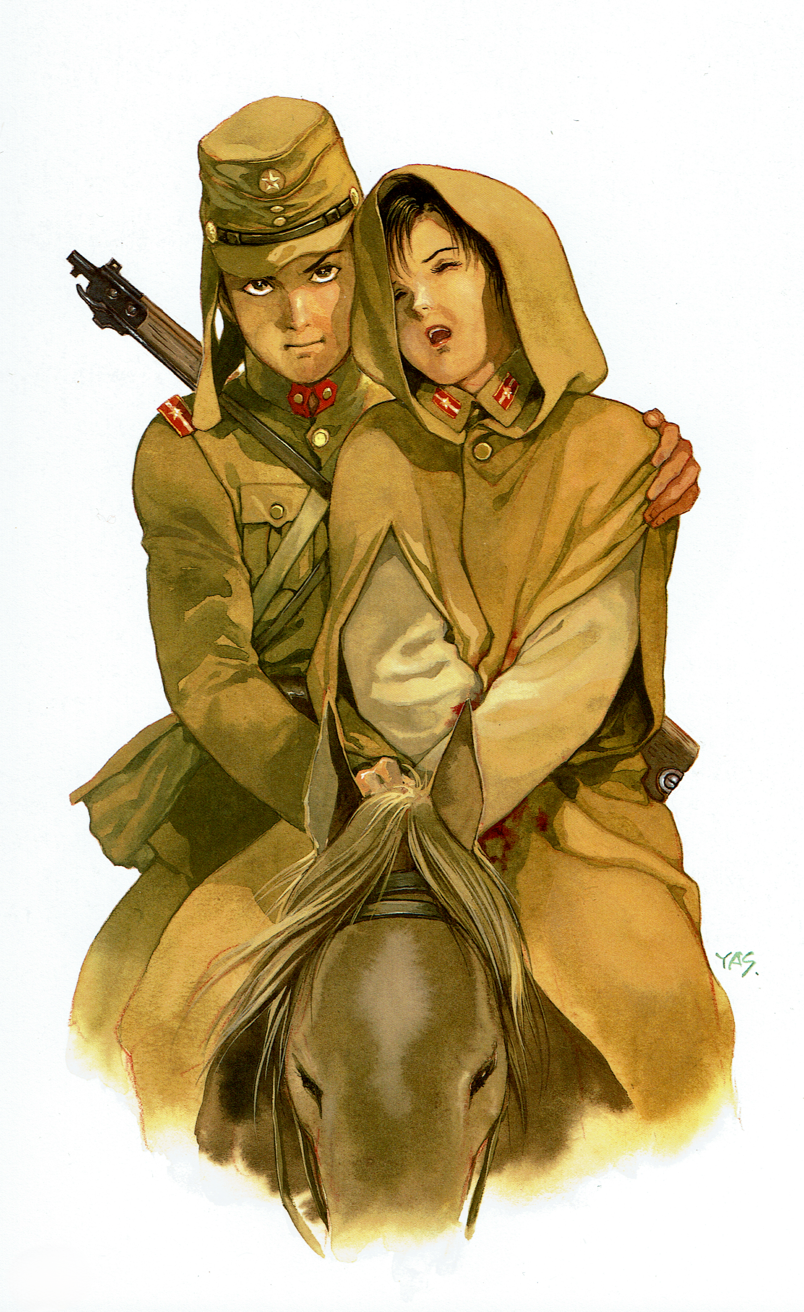 rainbow trotsky, yasuhiko yoshikazu, absurdres, highres, non-web source, china, hat, horse, japan, manchukuo, military hat, military uniform, signature, world war ii