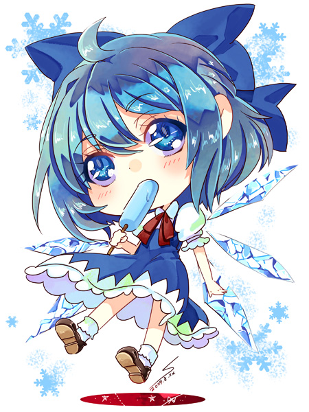 akekuchi, cirno, embodiment of scarlet devil, touhou, blue eyes, blue hair, bow, chibi, food, popsicle, short hair, solo, wings