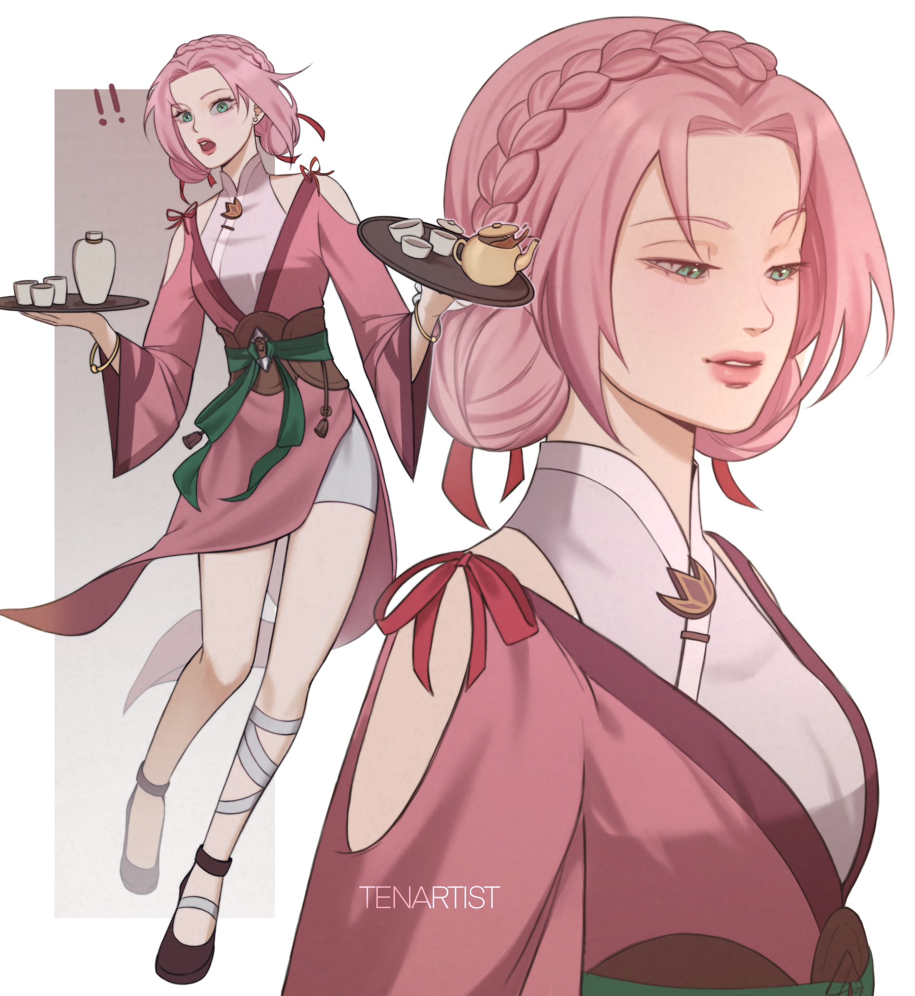 tenartistt, haruno sakura, naruto (series), commentary, english commentary, highres, !, !!, 1girl, artist name, bandaged leg, bandages, bike shorts, bracelet, braid, brown background, brown shoes, clothing cutout, crown braid, double bun, earrings, eyelashes, full body, gold bracelet, gradient background, green eyes, green ribbon, hair bun, hair ribbon, holding, holding tray, japanese clothes, jewelry, kimono, looking at viewer, looking down, mandarin collar, multiple views, obi, official alternate costume, official alternate hairstyle, open mouth, parted bangs, pelvic curtain, pink hair, pink kimono, pink trim, rectangle, red ribbon, ribbon, sash, shirt, shirt under kimono, shoes, shorts, shoulder cutout, stud earrings, surprised, tassel, tea set, teeth, tray, tripping, upper body, upper teeth only, very low bun, waist ribbon, white background, white shirt, white shorts