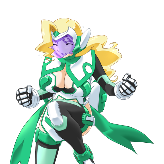 gan-chan (artist), sophie andrea yukitou, hitozuma sentai aisaiger, game cg, large variant set, non-web source, official art, variant set, 1girl, armor, blonde hair, boots, breasts, cleavage, clenched hands, closed eyes, clothing cutout, face shield, helmet, large breasts, long hair, magical girl, mecha musume, saiger lily, solo, thighhighs, transparent background